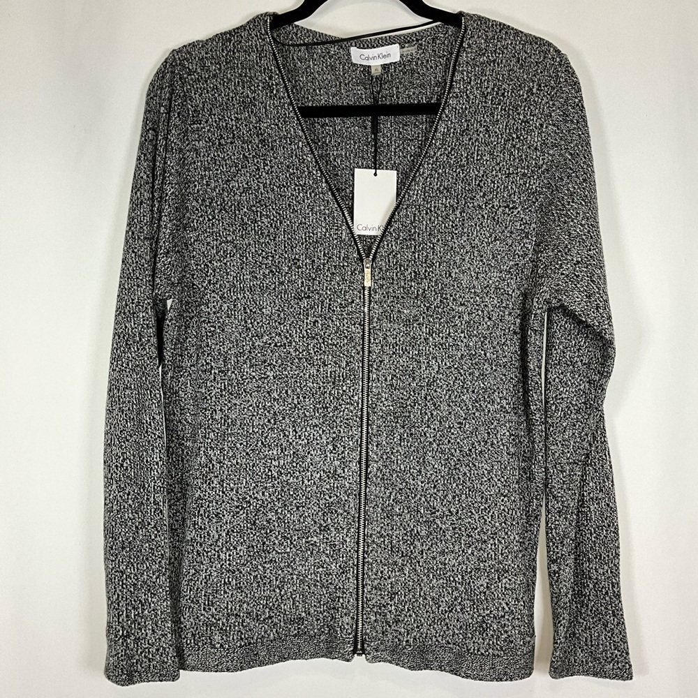 Calvin Klein Sweater Size XL Black and White Knit Zip-Up Front